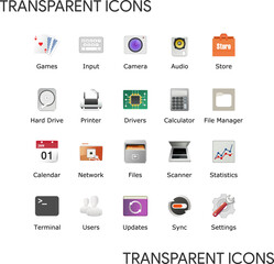 Desktop icon pack. My computer folder theme. Transparent shortcuts. Linux customization icons. PC signs. System software and app. Mobile UI. New eleven inspired vector illustrations.