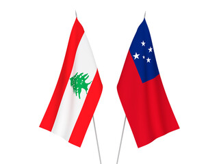 National fabric flags of Lebanon and Independent State of Samoa isolated on white background. 3d rendering illustration.