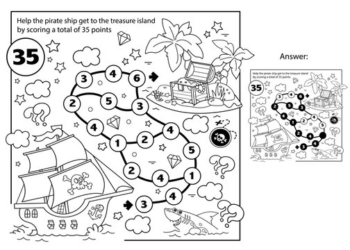 Math addition game. Puzzle for kids. Maze. Coloring Page Outline Of cartoon pirate ship with treasure island. Coloring Book for children.