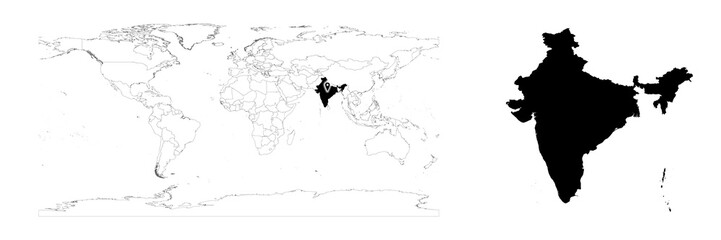 Vector India map showing country location on world map and solid map for India on white background. File is suitable for digital editing and prints of all sizes.