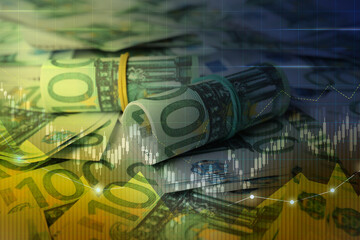 Concept of bonds. Many euro banknotes as background, closeup