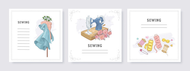 Fototapeta na wymiar Square banner templates for greeting card and social media mobile apps. Sewing equipment and needlework. Vector illustration of sewing machine, mannequin and flowers
