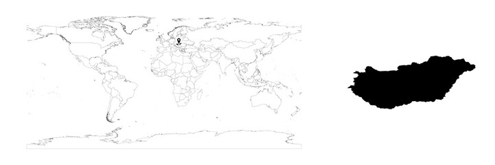 Obraz premium Vector Hungary map showing country location on world map and solid map for Hungary on white background. File is suitable for digital editing and prints of all sizes.