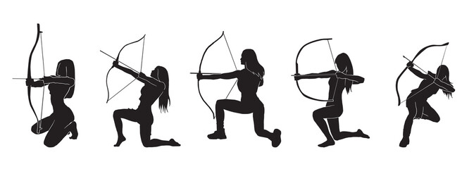 Set of archer Silhouette, a female warrior character design. Silhouette Girl Archer with a dynamic style and pulls an arrow that is ready to be released, Amazon Female Warrior, leather armor. - obrazy, fototapety, plakaty