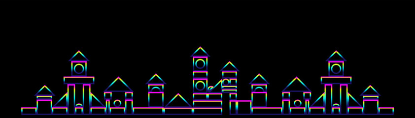 Abstract simple geometric shapes with realistic neon led backlighting behind isolated on black background. Template for banner, cover, poster. Vector illustration.