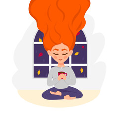 Redhead woman is drinking a cup of tea or coffee and relaxing by window with autumn leaves. Fall season lifestyle. Flat vector illustration.
