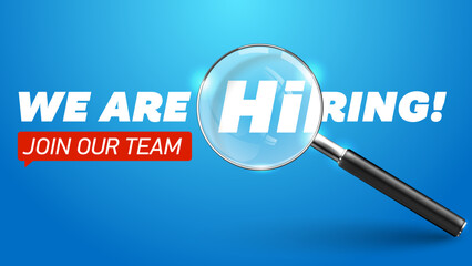 Hiring recruitment open vacancy design label template. We are hiring, join our team announcement lettering speech bubble chat box vector isolated on blue background. Talent advertising recruitment