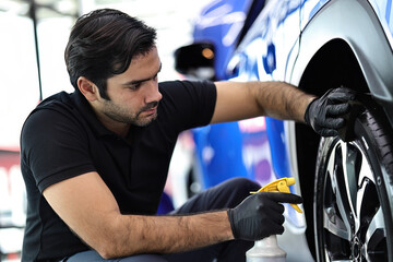 Car service worker polishing car wheels with microfiber cloth and waxing tire of car.