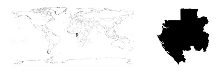 Vector Gabon map showing country location on world map and solid map for Gabon on white background. File is suitable for digital editing and prints of all sizes.