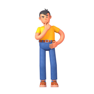 3d render of young man in casual outfit thinking, making decision