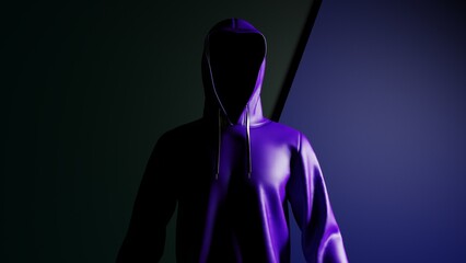 Anonymous hacker with purple color hoodie in shadow under deep black-blue background. Dangerous criminal concept image. 3D CG. 3D illustration. 3D high quality rendering.