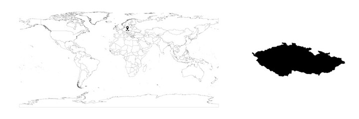 Vector Czechia map showing country location on world map and solid map for Czechia on white background. File is suitable for digital editing and prints of all sizes.