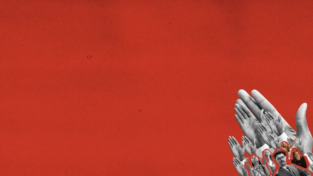 Contemporary art collage. Human hands reach up, vote, approve over red background. Ideas, imagination, art, surrealism. Concept of social issues, propaganda, mental health