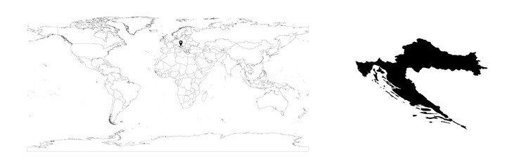 Vector Croatia map showing country location on world map and solid map for Croatia on white background. File is suitable for digital editing and prints of all sizes.