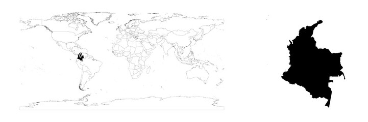Obraz premium Vector Colombia map showing country location on world map and solid map for Colombia on white background. File is suitable for digital editing and prints of all sizes.