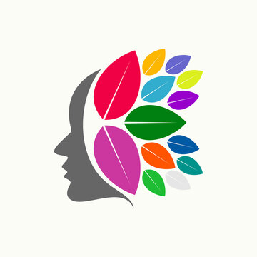 Human or woman face with leaves stalk behind or back image graphic icon logo design abstract concept vector stock. Can be used as symbol related to beauty or creative brain