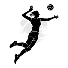 Female volleyball player flying and hitting the ball. Vector illustration