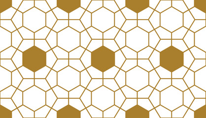Overlapping large and small hexagons in a contemporary repeat outline pattern with gold color fill, geometric vector illustration