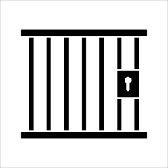 Prison icon. Hands holding prison bars. Silhouette criminal man behind bars. vector illustration on white background. 