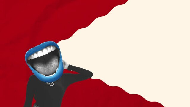 Woman's body with shouting mouth instead head. Ideas, imagination, art, surrealism. Concept of social issues, propaganda, news, sales