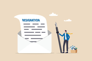 Professional write resignation letter to quit job or inform to leave company, change new job or notify boss, manager of dismissal concept, businessman professional with pen writing resignation email. - obrazy, fototapety, plakaty