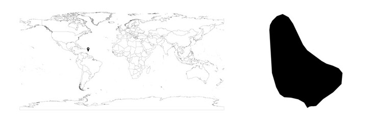 Vector Barbados map showing country location on world map and solid map for Barbados on white background. File is suitable for digital editing and prints of all sizes.