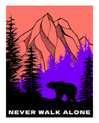 mountains and forest landscape illustration with bear silhouette and slogan 