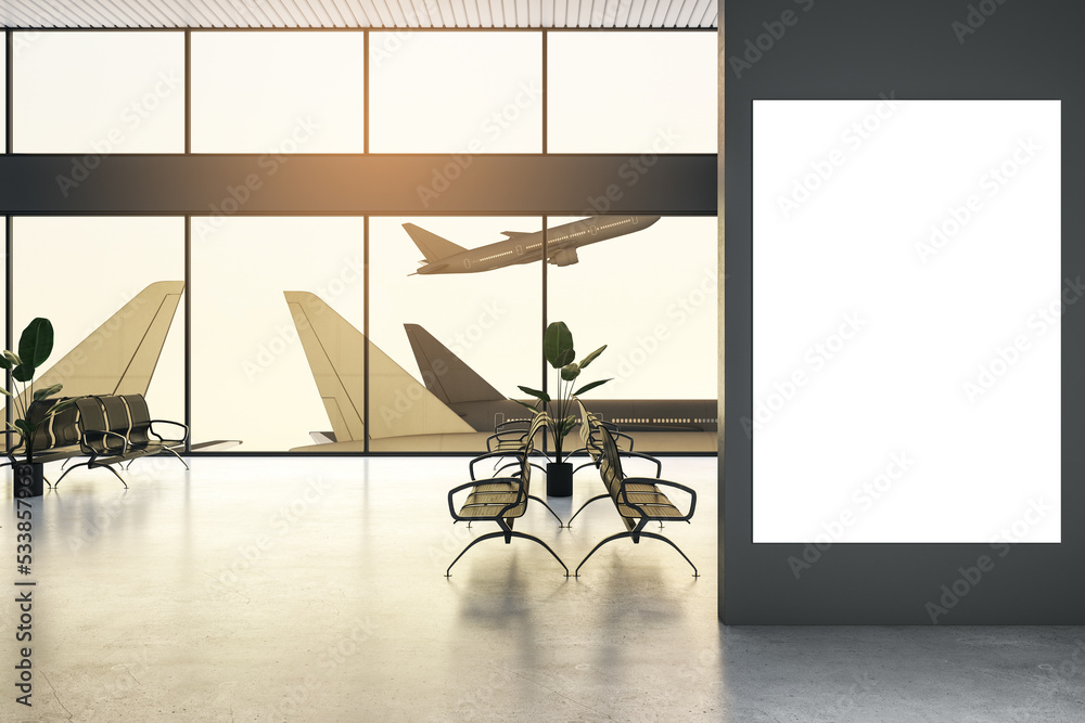 Poster front view on blank white poster on dark wall with space for your logo or text in airport lounge wit