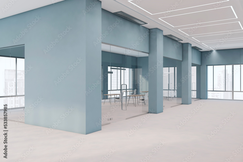 Poster bright spacious blue office interior with empty mock up place on wall, window and city view, furnitu