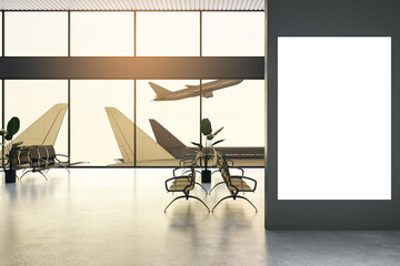 Front view on blank white poster on dark wall with space for your logo or text in airport lounge with empty seats and plane taking off through panoramic window. 3D rendering, mock up - obrazy, fototapety, plakaty