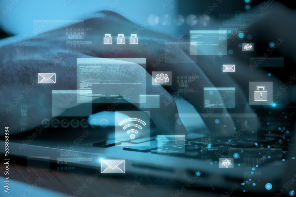 Poster close up of businessman hands using laptop keyboard with abstract glowing digital transformation hol