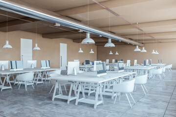 Modern coworking office interior with white furniture, computers and daylight. 3D Rendering.