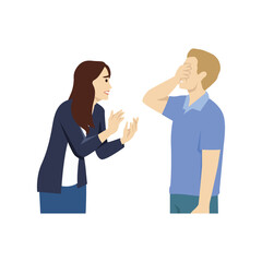 Obraz premium Man and woman quarreled. The man covered his face because he felt guilty. Flat vector illustration isolated on white background