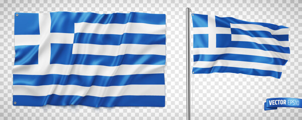 Vector realistic illustration of Greek flags on a transparent background. - 533858914
