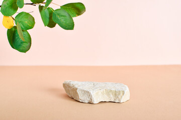 Stone podium on beige background with leaves. Abstract eco-showcase for organic products