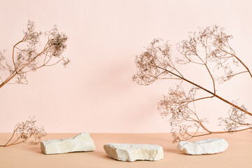 Stone podiums with dried flowers on a beige background. Abstract eco-podium for organic products
