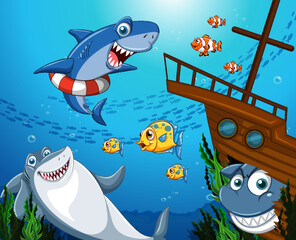 Shark cartoon character underwater scene