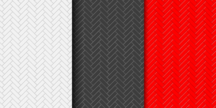 Set of white, black and red herringbone tile seamless pattern. Stone or ceramic wall background. Kitchen backsplash or bathroom wall or floor texture. Vector flat illustration