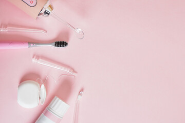 various dentifrices on pink background, dentifrice set