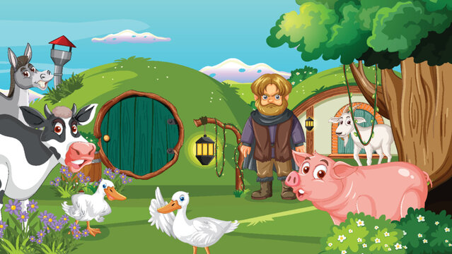 Cartoon scene with farm animals