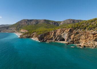 Obraz premium Yanisli Cave Beach Drone Photo, Gulnar Mersin, Turkey