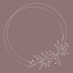 Floral and circle hand drawn style. Floral pink frame of twigs, leaves and flowers. Frames for the Valentine's day, wedding decor, logo and identity template