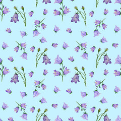 seamless pattern with watercolor hand draw wild flowers on blue background