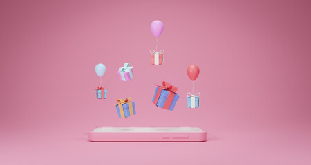 3D Minimal online shopping on smartphone application service, digital marketing, online buying concept. 3d render.