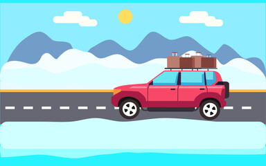 Travelling on winter road banner car side view winter city view background vector illustration.