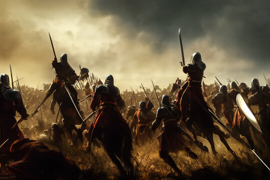 Historic medieval battle recreation with cinematic lighting, soldiers on horses, knights with shining armour in a dark ages destructive digital artwork. Crusaders in combat attacking the enemy.