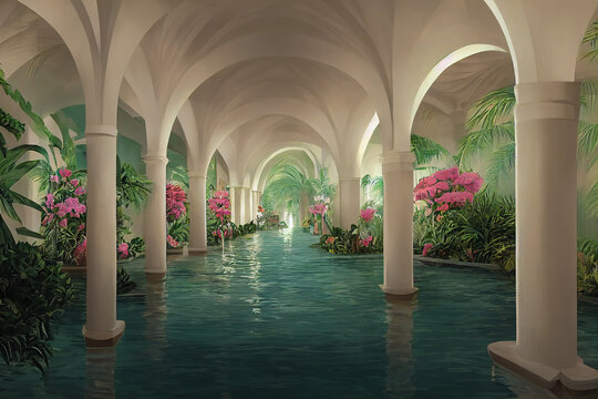 Ancient Baths For Royals. Antique Interior Design Of A Hallway Of White Arches On Columns With A Lazy River Pool Flowing Through Surrounded By Tropical Plants And Pink Flowers. Digital Art Drawing.