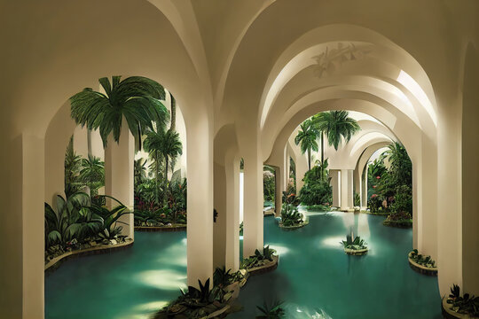 Ancient Swimming Thermal Bath For Royals. Antique Interior Design, White Arches On Columns With A Lazy River Pool Flowing Through Surrounded By Tropical Plants And Pink Flowers. Digital Art Drawing.