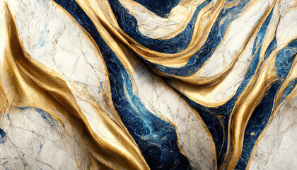 Abstract luxury marble background. Digital art marbling texture. Blue, gold and white colors
