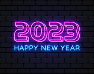 Fototapeta na wymiar Happy new year 2023 in neon style. Vintage neon new year 2023, great design for any purposes. Greeting card template. Vector graphic illustration